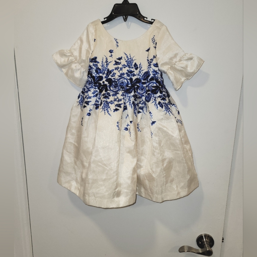 Janie and Jack Cream Dress with Blue Floral Embroidery